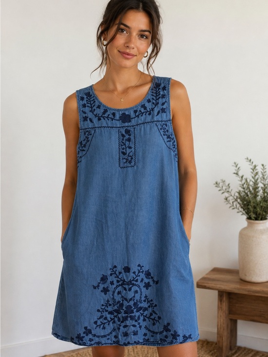 Dex Dresses & Skirts - Blue Embroidered Sleeveless Denim chambray 100% Tencel Dress